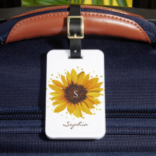 Monogram Sunflower with Gold Foil Dots Luggage Tag
