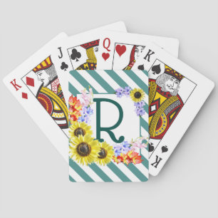Monogram Sunflowers Diagonal Teal Stripes Playing Cards