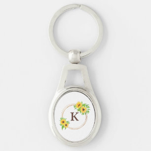 Monogram Sunflowers Gold Frame Green Leaves Rustic Key Ring