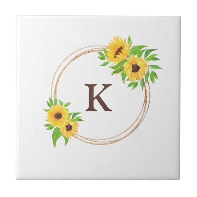 Monogram Sunflowers Gold Frame Green Leaves Rustic Tile (Front)