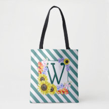 Monogram Sunflowers Teal Stripes