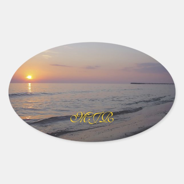 Monogram Sunset Beach Waves, Serene and Peaceful Oval Sticker (Front)