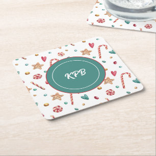 Monogram Sweet Candy Pattern Square Paper Coaster