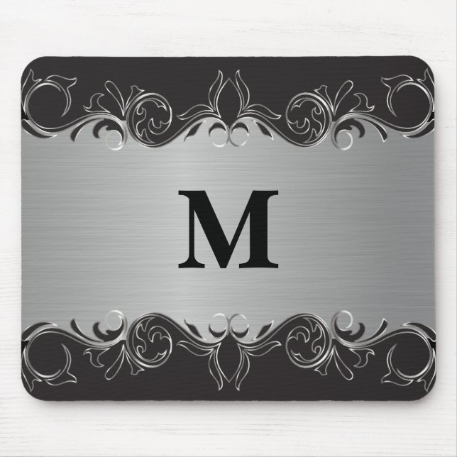 Monogram Swirl Black and Silver Design Mouse Mat (Front)