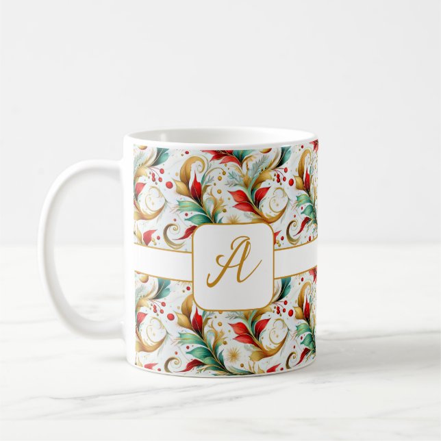 Monogram Swirled christmas floral Coffee Mug (Left)