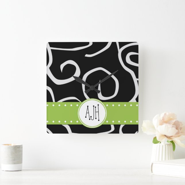 Monogram - Swirled Pattern, Swirly Style - Black Square Wall Clock (Home)