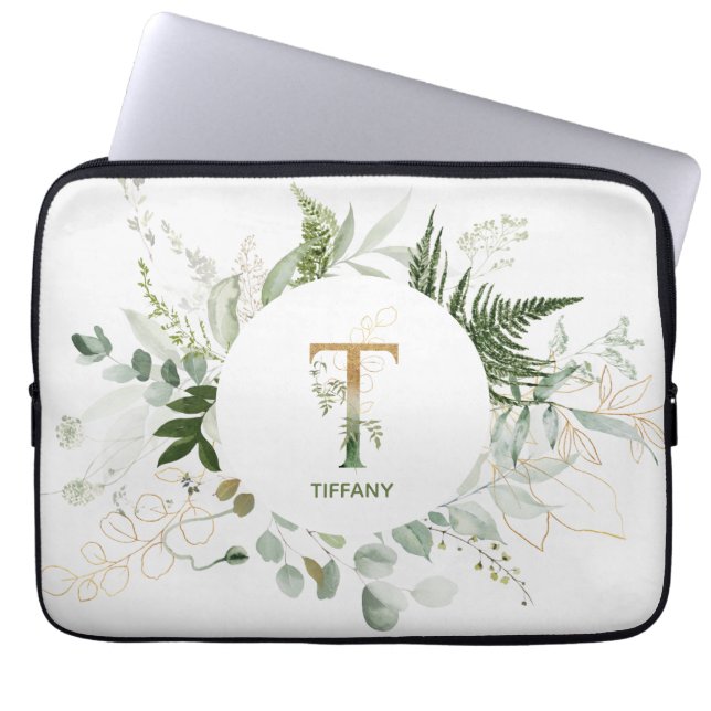 Monogram T Elegant Greenery Laptop Sleeve (Front)