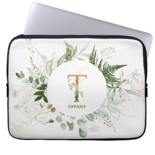 Monogram T Green Foliage Wreath Laptop Sleeve