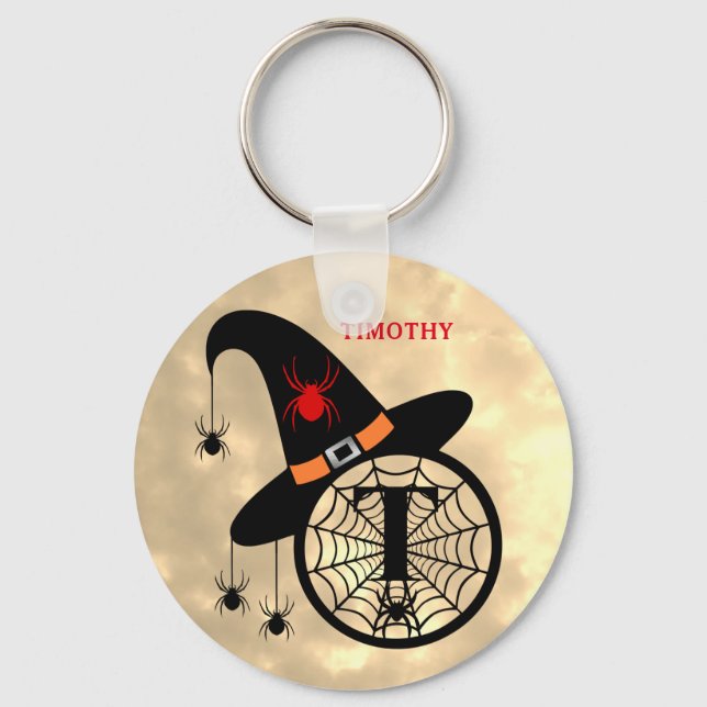 Monogram T Halloween Sky Witch Spiders Name Key Ring (Front)
