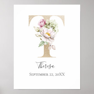 Monogram T Pink White Floral Gold Letter Nursery   Poster