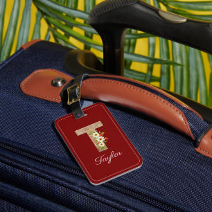 Monogram T red wood letter flower Luggage Tag