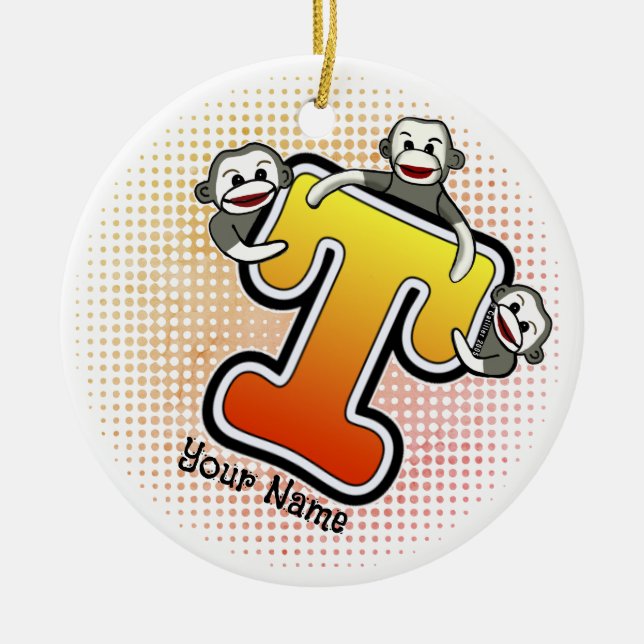 Monogram T Sock Monkey  Ceramic Tree Decoration (Front)
