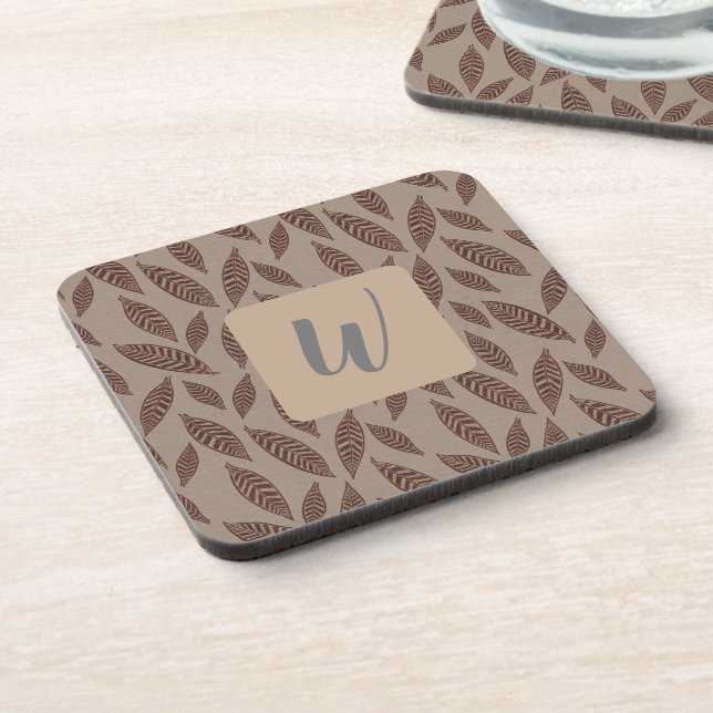 Monogram Tan Botanical Leaves Beverage Coaster (Left Side)