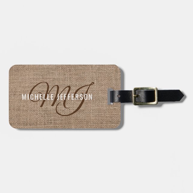 Monogram - Tan Texture Burlap Luggage Tag (Front Horizontal)