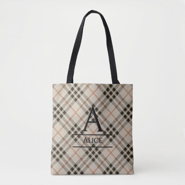 Monogram Tartan Background Tote Bag (Front)
