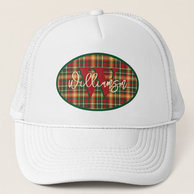 Monogram Tartan Orange Green Plaid Emblem Trucker Hat (Front)