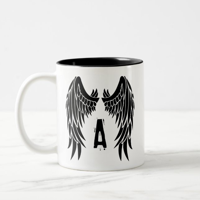 Monogram Tattoo Angel Wing Two-Tone Coffee Mug (Left)