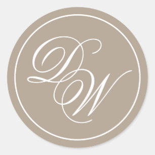 Monogram Taupe Elegant White Calligraphy Initials Classic Round Sticker