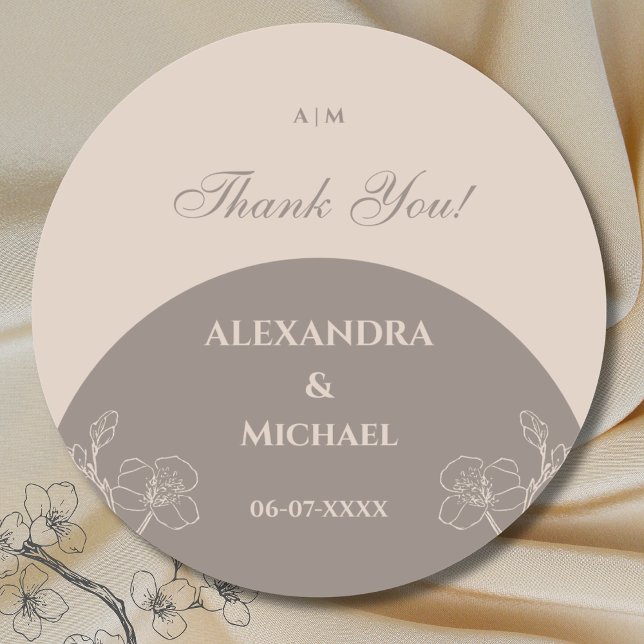Monogram Taupe Floral Japandi Wedding Thank You Classic Round Sticker (Creator Uploaded)