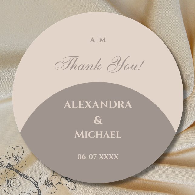 Monogram Taupe Japandi Wedding Thank You Classic Round Sticker (Creator Uploaded)