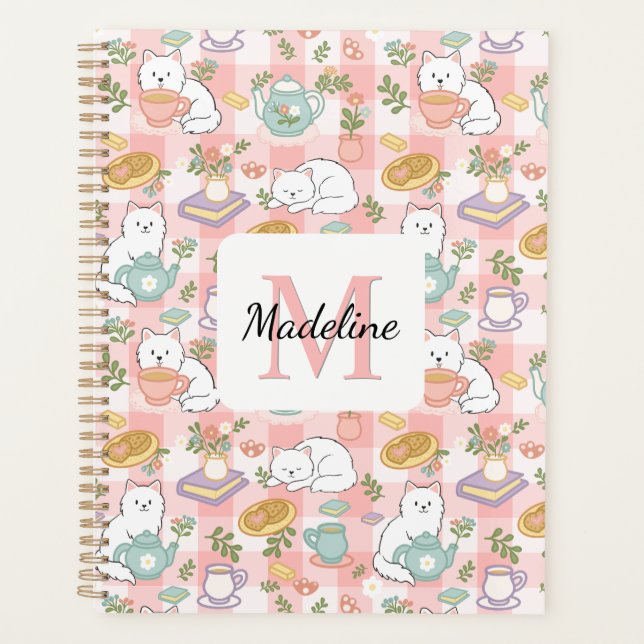 Monogram Tea & Bookish Cats Spiral Planner Pink (Front)
