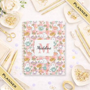 Monogram Tea & Bookish Cats Spiral Planner Pink