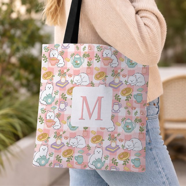 Monogram Tea & Bookish Cats Tote Bag Pink (Creator Uploaded)