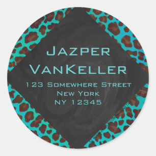 Monogram Teal and Brown Leopard Classic Round Sticker