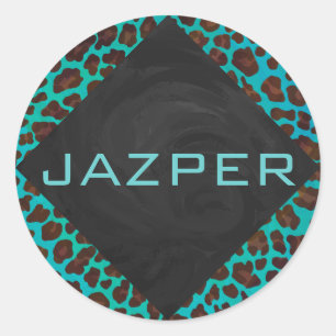 Monogram Teal and Brown Leopard Classic Round Sticker