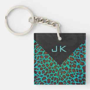 Monogram Teal and Brown Leopard Key Ring