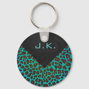 Monogram Teal and Brown Leopard Key Ring