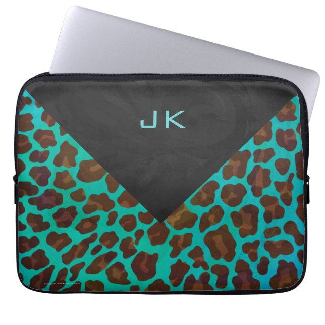 Monogram Teal and Brown Leopard Laptop Sleeve (Front)