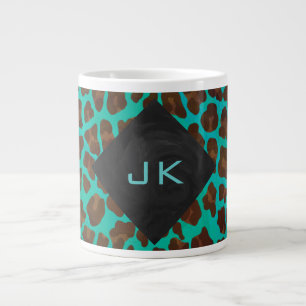 Monogram Teal and Brown Leopard Large Coffee Mug