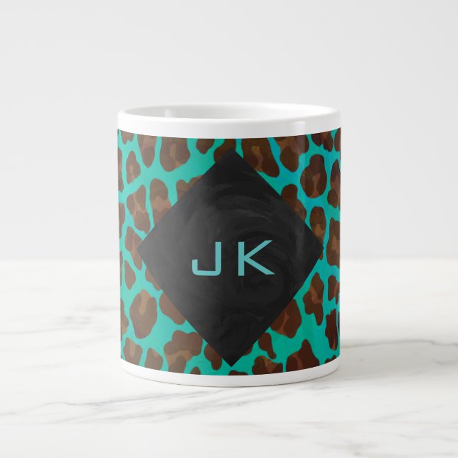 Monogram Teal and Brown Leopard Large Coffee Mug (Front)