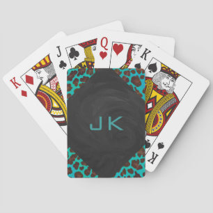 Monogram Teal and Brown Leopard Playing Cards