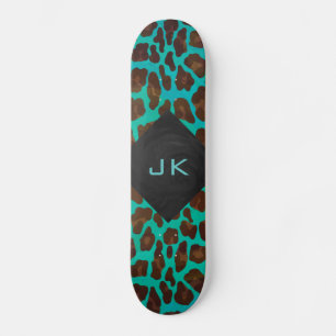 Monogram Teal and Brown Leopard Skateboard