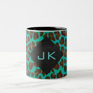 Monogram Teal and Brown Leopard Two-Tone Coffee Mug