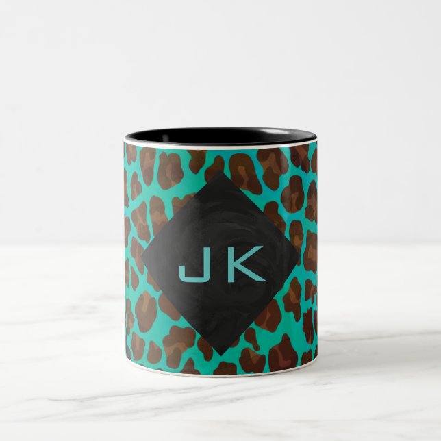 Monogram Teal and Brown Leopard Two-Tone Coffee Mug (Center)