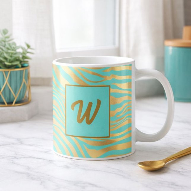 Monogram Teal and Gold Animal Print Coffee Mug (Creator Uploaded)