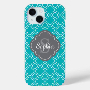 Monogram Teal and Grey Arabesque Pattern iPhone 15 Case