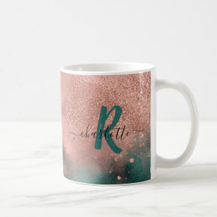 Monogram Teal and Soft Blush Pink Ombre Foil Coffe Coffee Mug