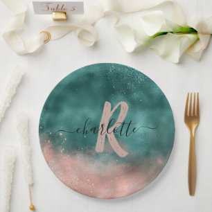 Monogram Teal and Soft Blush Pink Ombre Foil Paper Plate