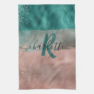 Monogram Teal and Soft Blush Pink Ombre Foil Tea Towel