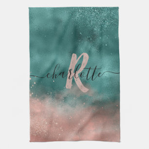 Monogram Teal and Soft Blush Pink Ombre Foil Tea Towel
