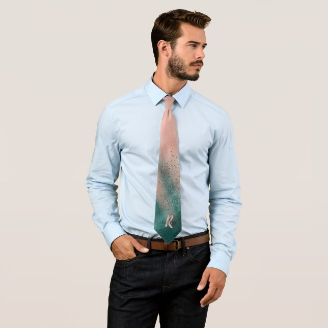 Monogram Teal and Soft Blush Pink Ombre Foil Tie (In Situ)