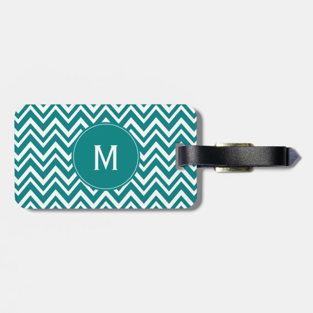 Monogram Teal and White Chevron Pattern Luggage Tag (Back Horizontal)