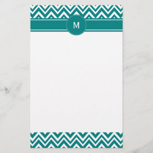 Monogram Teal and White Chevron Pattern Stationery