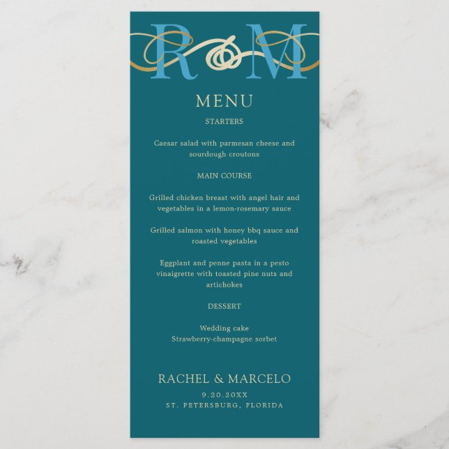 Monogram Teal Aqua Turquoise Elegant Wedding Menu (Front)