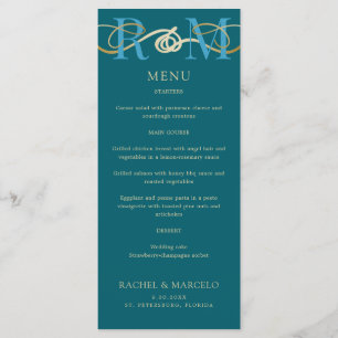 Monogram Teal Aqua Turquoise Elegant Wedding Menu