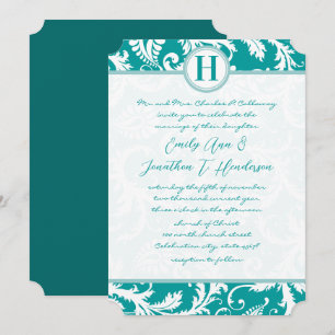 Monogram Teal Aqua Vintage Damask Wedding Invite